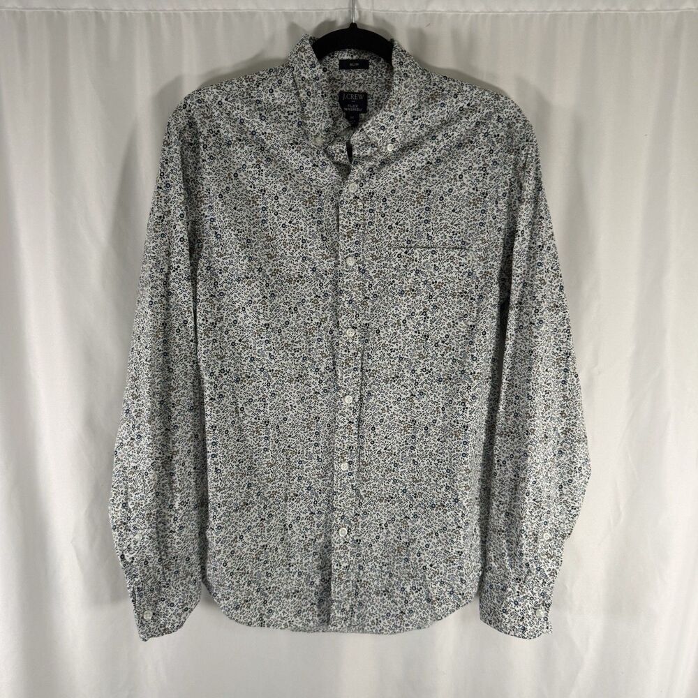 J. Crew Flex Washed Dress Shirt Men's Medium White Floral Slim Button Up Long Sl